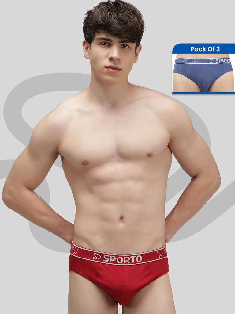 Sporto Men's Solid Cotton Brief (Pack Of 2) Red + Demin Blue - Sporto by Macho