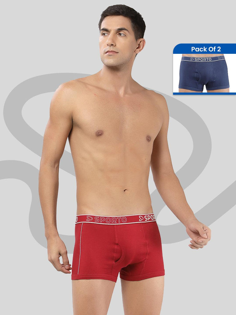 Sporto Men's Solid Cotton Square Trunks (Pack Of 2) - Red & Demin Blue
