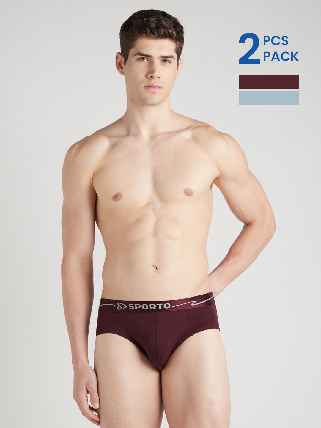 Sporto Metal Brief for Men | Cotton Spandex Mid-Rise Brief with Soft Shiny Waistband | Pack of 2 (Blue Slate & Wine)