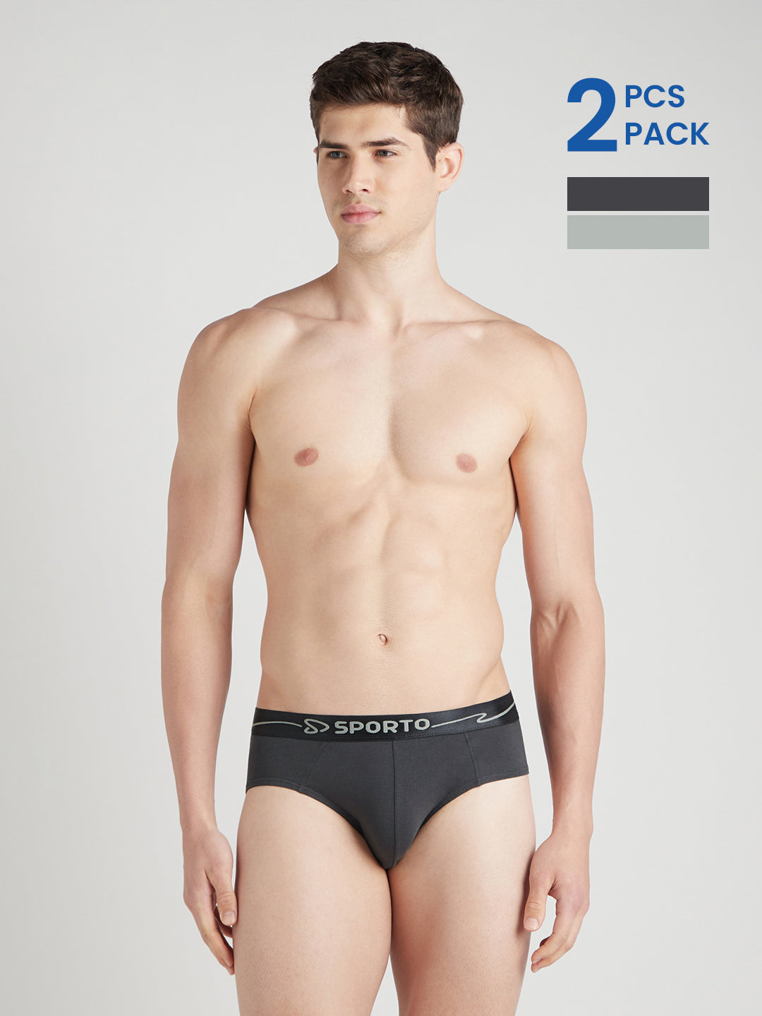 Sporto Metal Brief for Men | Cotton Spandex Mid-Rise Brief with Soft Shiny Waistband | Pack of 2 (Charcoal & Light Grey)