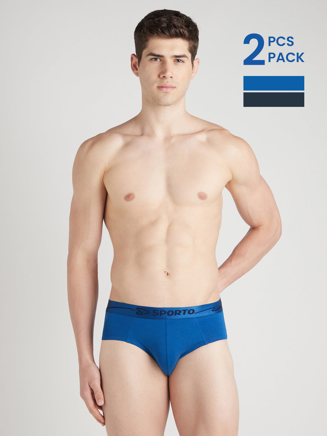 Sporto Metal Brief for Men | Cotton Spandex Mid-Rise Brief with Soft Shiny Waistband | Pack of 2 (Royal Blue & Sky Blue)