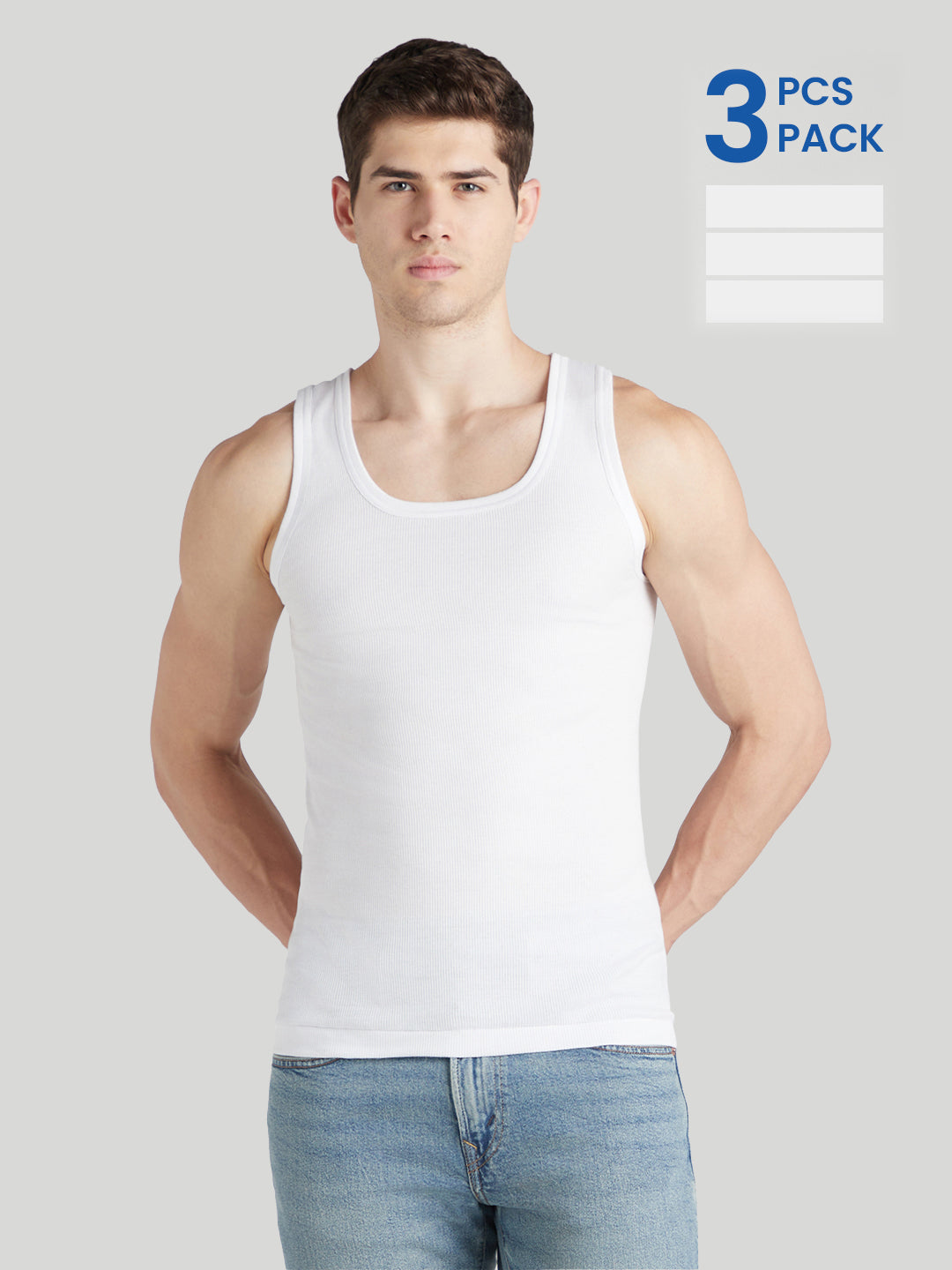Sporto Men's Cotton White Derby Vest - Ribbed Fabric (Pack Of 3)