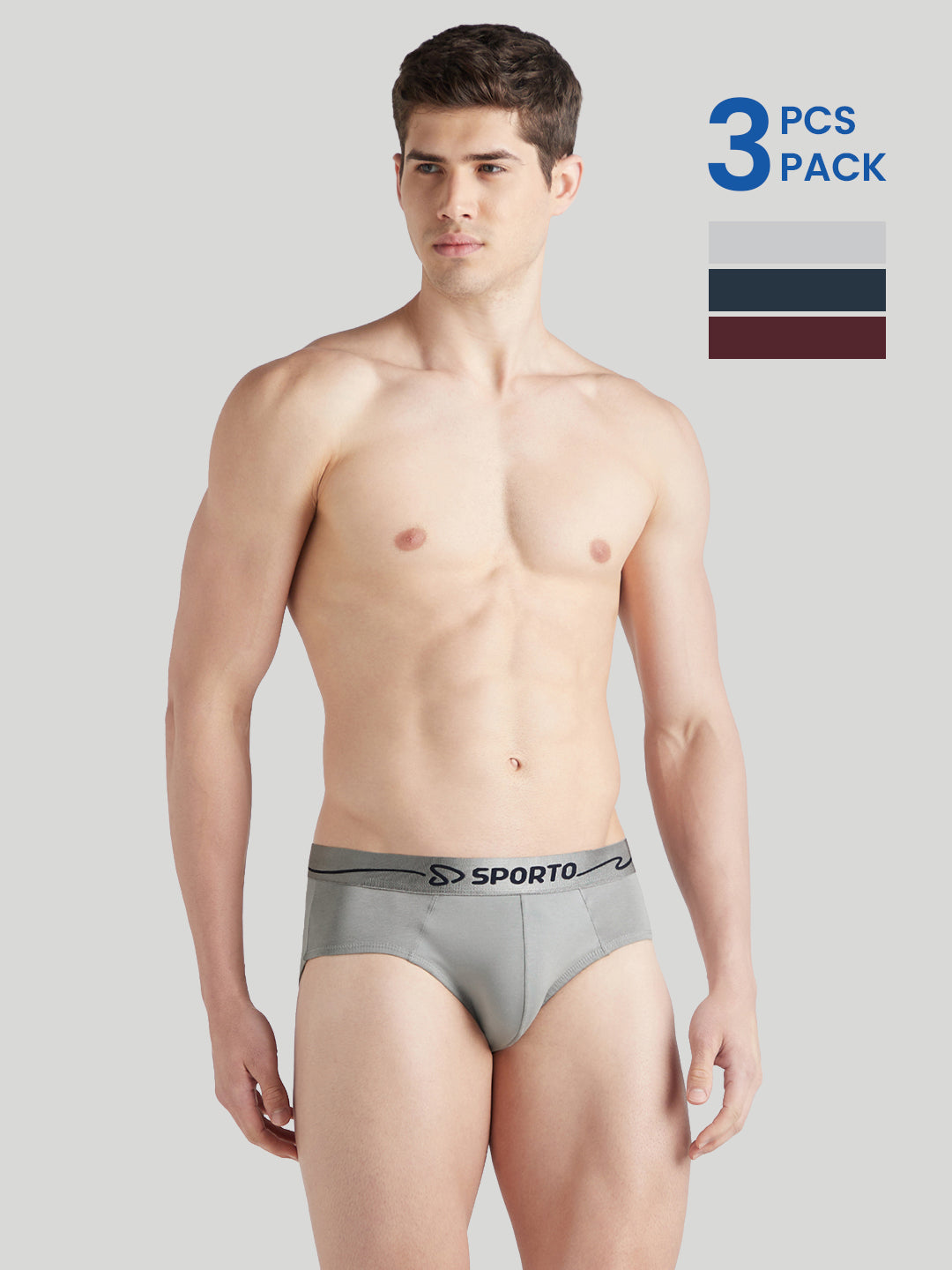 Sporto Metal Brief for Men | Cotton Spandex Mid-Rise Brief with Soft Shiny Waistband | Pack of 3 (Light Grey, Navy & Wine)