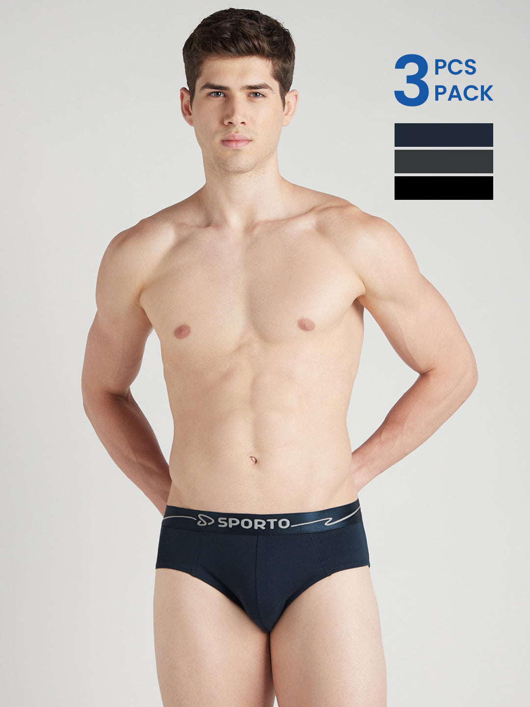 Sporto Metal Brief for Men | Cotton Spandex Mid-Rise Brief with Soft Shiny Waistband | Pack of 3 (Black, Navy & Charcoal)