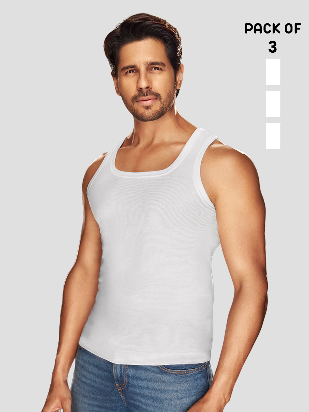 Sporto Men's Cotton White Derby Vest - Ribbed Fabric (Pack Of 3)