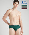 Sporto Metal Brief for Men | Cotton Spandex Mid-Rise Brief with Soft Shiny Waistband | Pack of 3 (Deep Green, Teal & Wine)