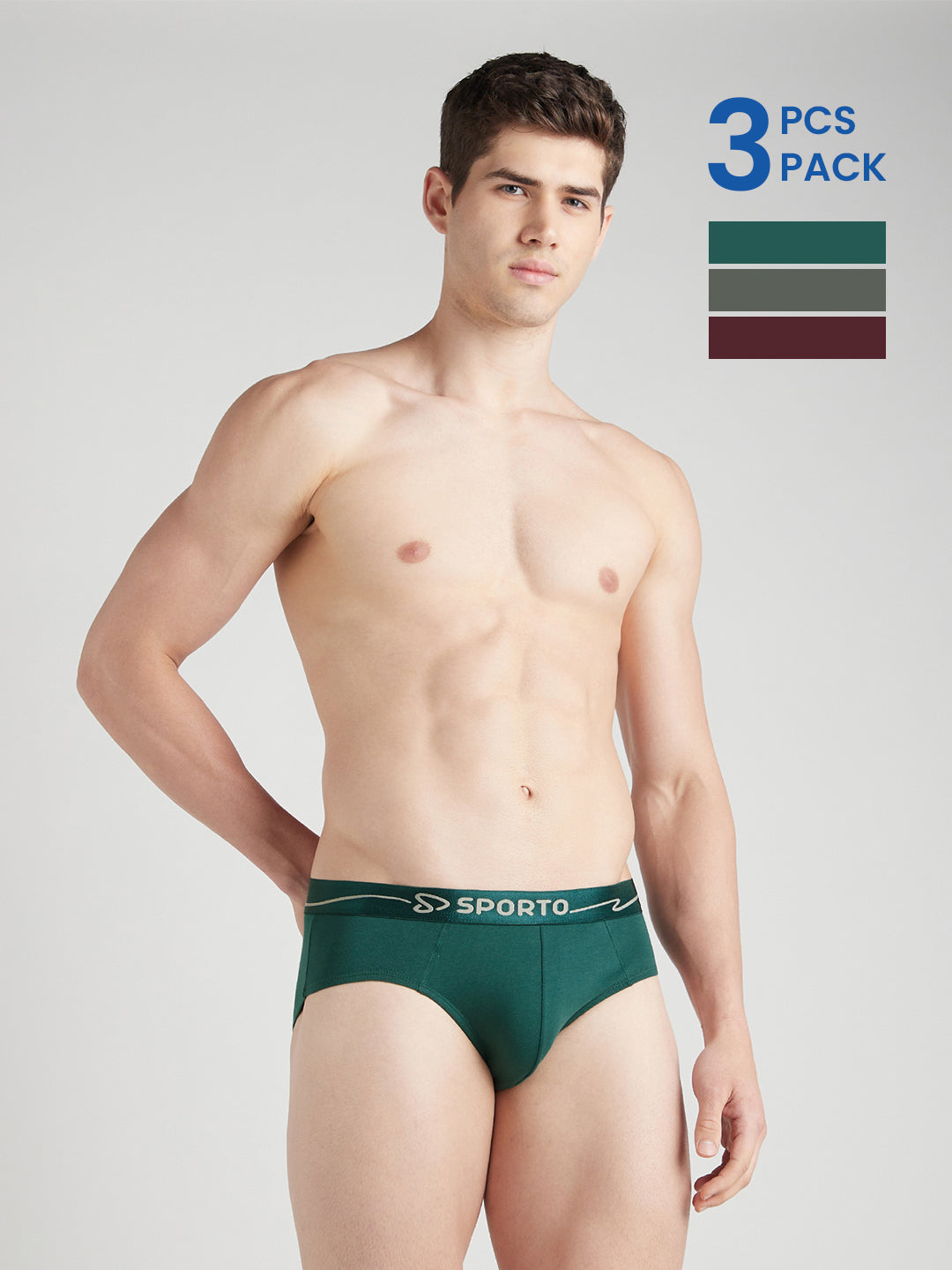 Sporto Metal Brief for Men | Cotton Spandex Mid-Rise Brief with Soft Shiny Waistband | Pack of 3 (Deep Green, Teal & Wine)