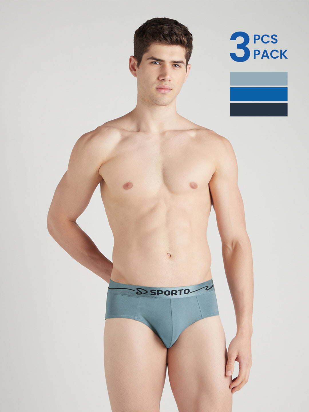 Sporto Metal Brief for Men | Cotton Spandex Mid-Rise Brief with Soft Shiny Waistband | Pack of 3 (Royal Blue, Sky Blue & Blue Slate)