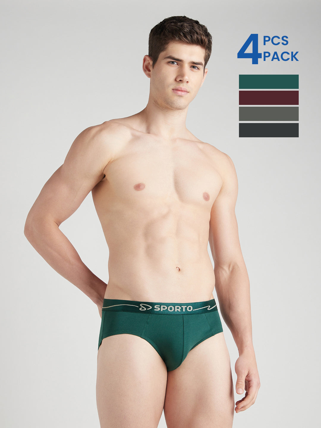 Sporto Metal Brief for Men | Cotton Spandex Mid-Rise Brief with Soft Shiny Waistband | Pack of 4 (Deep Green, Wine, Teal & Charcoal)