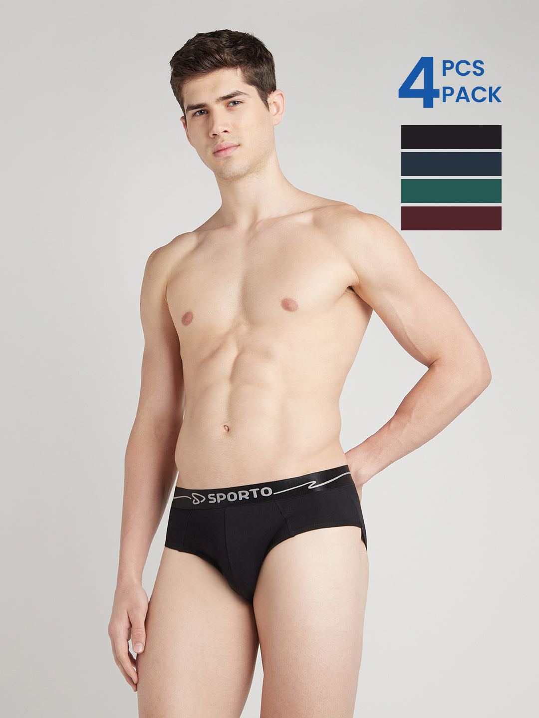 Sporto Metal Brief for Men | Cotton Spandex Mid-Rise Brief with Soft Shiny Waistband | Pack of 4 (Black, Royal Blue, Deep Green & Wine)