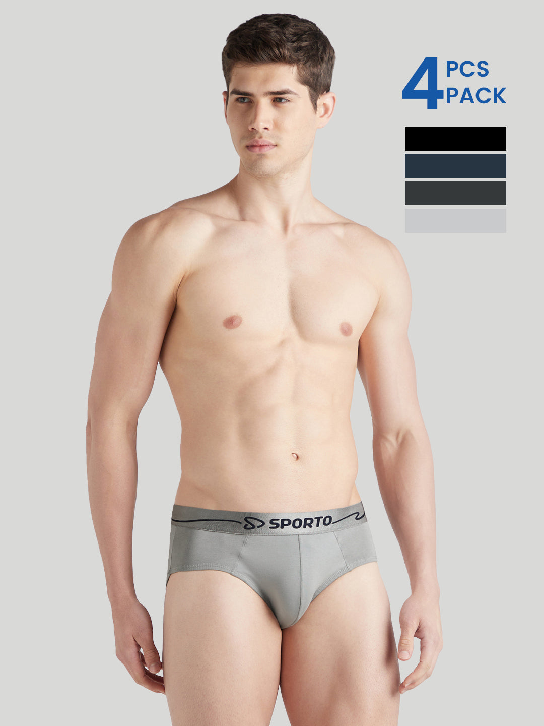 Sporto Metal Brief for Men | Cotton Spandex Mid-Rise Brief with Soft Shiny Waistband | Pack of 4 (Black, Navy, Charcoal & Light Grey)