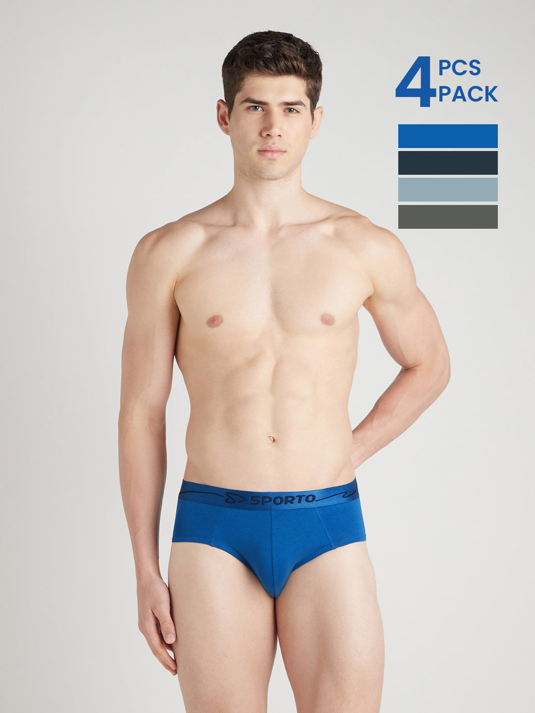 Sporto Metal Brief for Men | Cotton Spandex Mid-Rise Brief with Soft Shiny Waistband | Pack of 4 (Royal Blue, Sky Blue, Blue Slate & Teal)