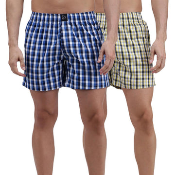 Sporto Men's Checkered Boxer Shorts (Pack Of 2) - Blue & Yellow