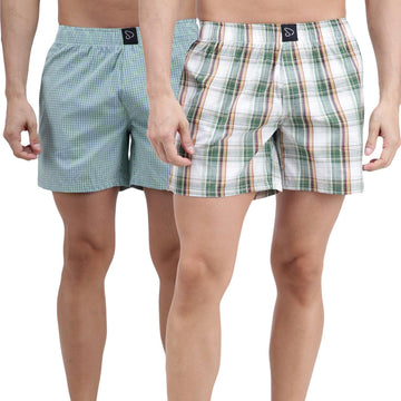 Sporto Men's Checkered Boxer Shorts (Pack Of 2) - White & Green