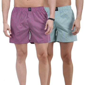 Sporto Men's Checkered Boxer Shorts (Pack Of 2) - Green & Pink