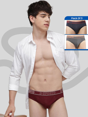 Sporto Men's Solid Cotton Brief (Pack 3) Maroon + Navy + Charcoal