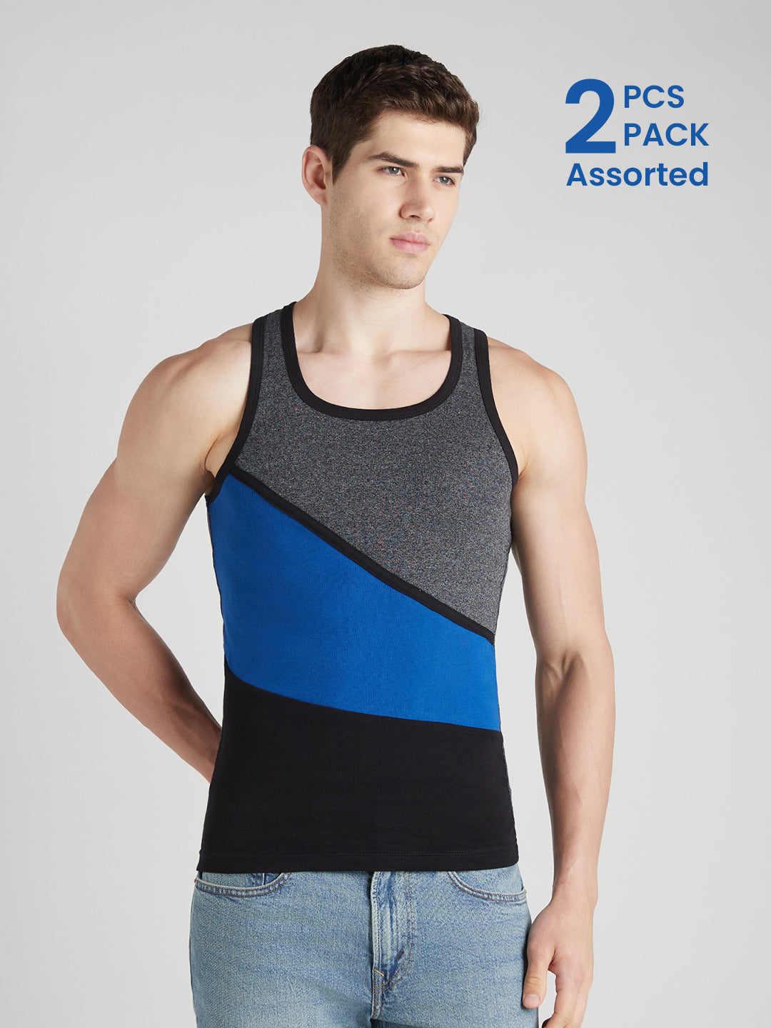Men's Gym Vest for Men | 100% Cotton Sleeveless Ribbed Gym Vest – Tri-Colour Panel | Pack of 2 (Assorted Colours) | Style 711