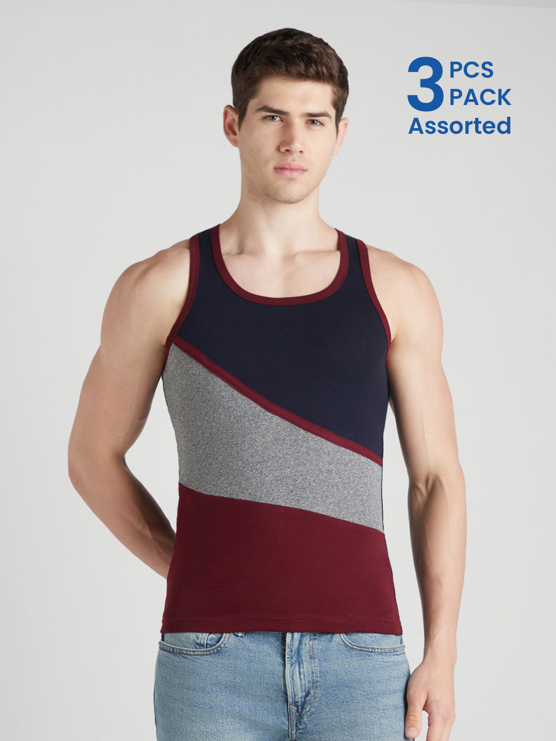 Men's Gym Vest for Men | 100% Cotton Sleeveless Ribbed Gym Vest – Tri-Colour Panel | Pack of 3 (Assorted Colours) | Style 711