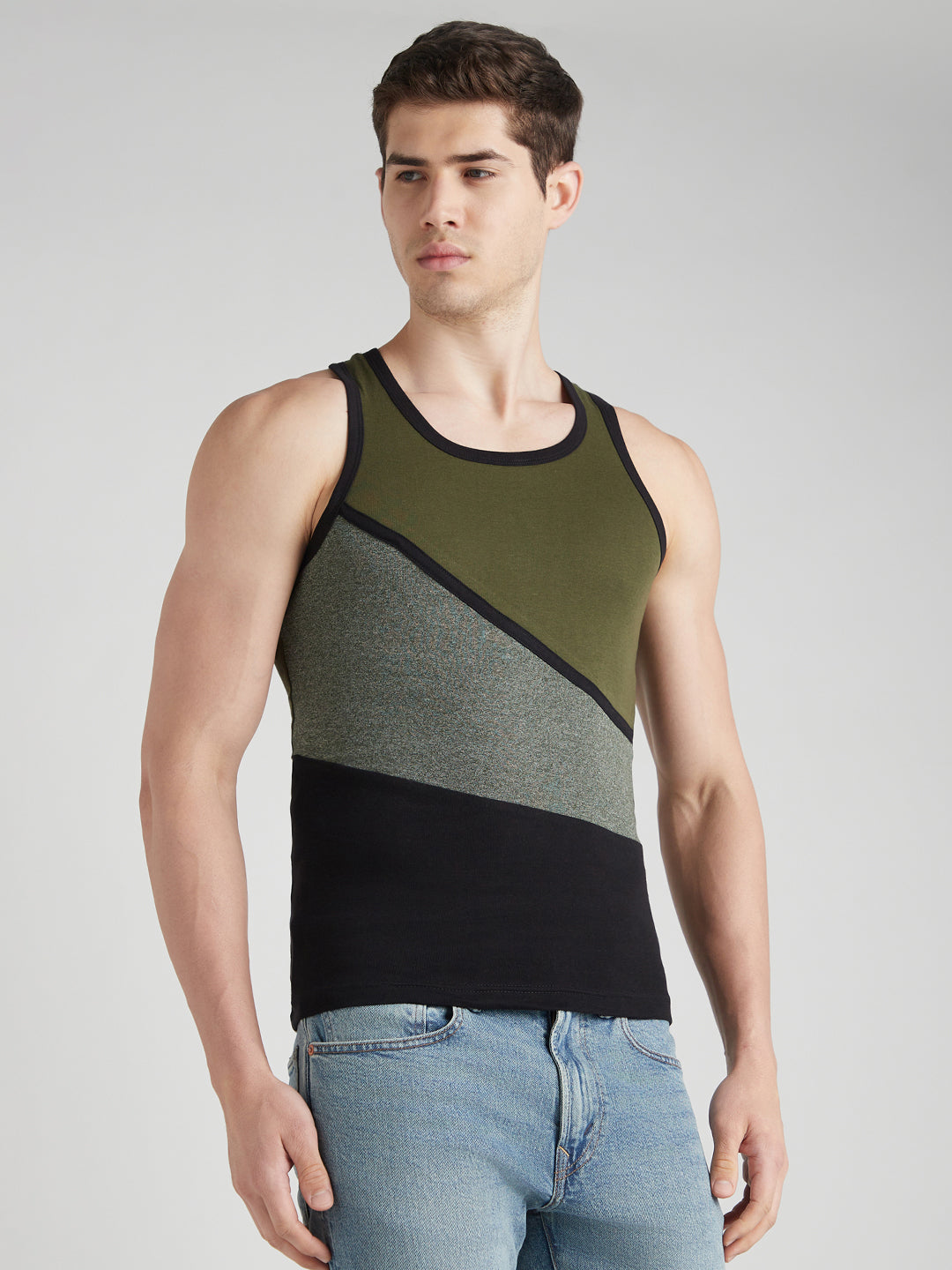 Men's Gym Vest for Men | 100% Cotton Sleeveless Ribbed Gym Vest – Tri-Colour Panel | Pack of 3 (Assorted Colours) | Style 711