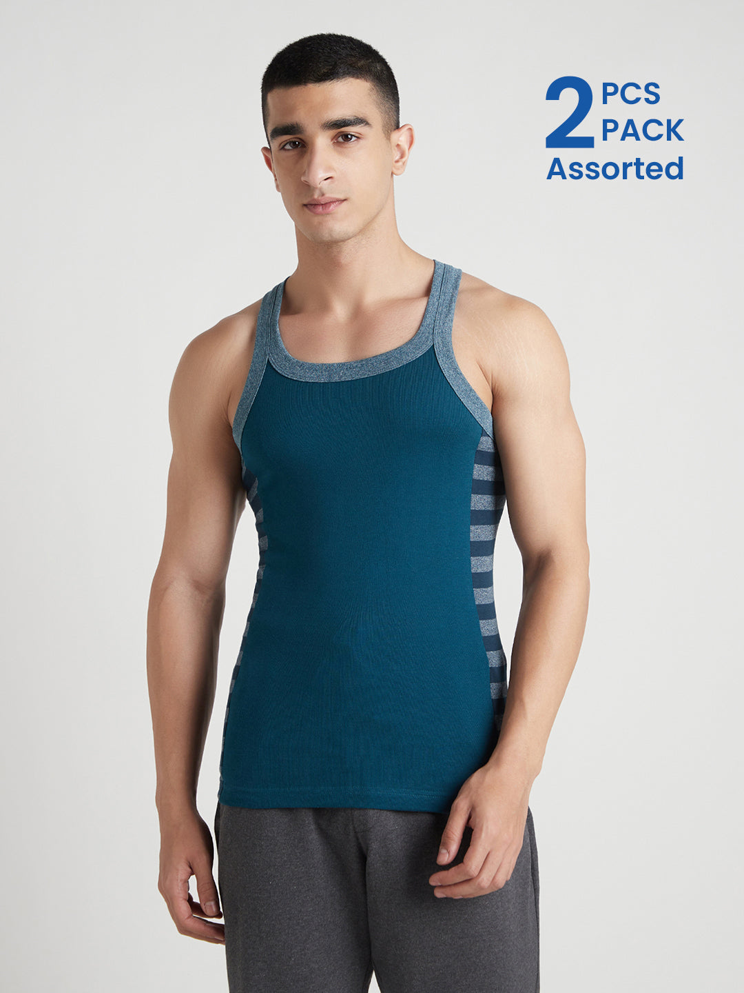 Men's Gym Vest for Men | 100% Cotton Sleeveless Ribbed Gym Vest – Striped Side Contrast Panel | Pack of 2 (Assorted Colours) | Style 812