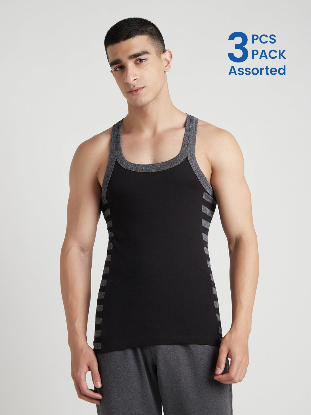 Men's Gym Vest for Men | 100% Cotton Sleeveless Ribbed Gym Vest – Striped Side Contrast Panel | Pack of 3 (Assorted Colours) | Style 812