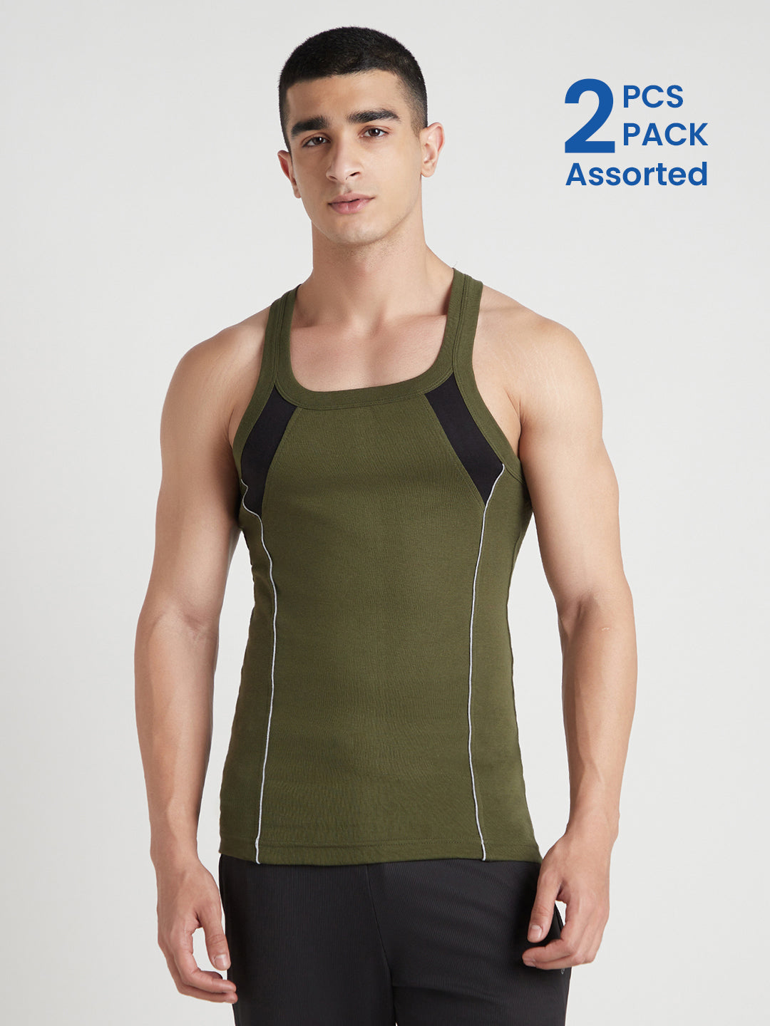 Men's Gym Vest for Men | 100% Cotton Sleeveless Ribbed Gym Vest – Contrast Shoulder Panel & Piping | Pack of 2 (Assorted Colours) | Style 814