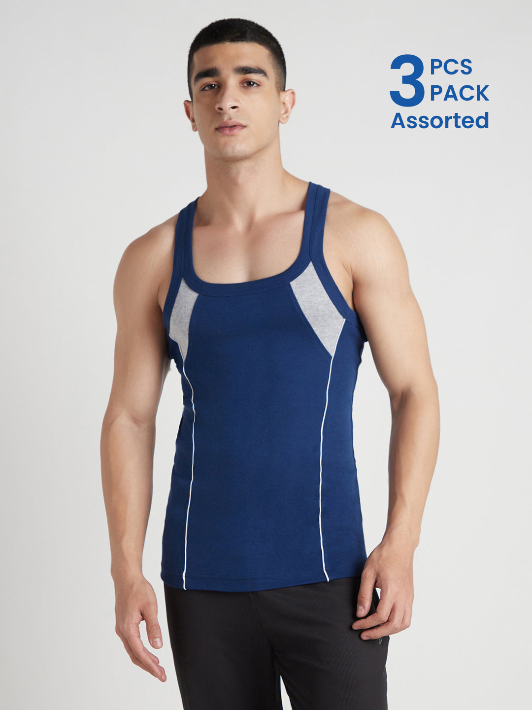 Men's Gym Vest for Men | 100% Cotton Sleeveless Ribbed Gym Vest – Contrast Shoulder Panel & Piping | Pack of 3 (Assorted Colours) | Style 814