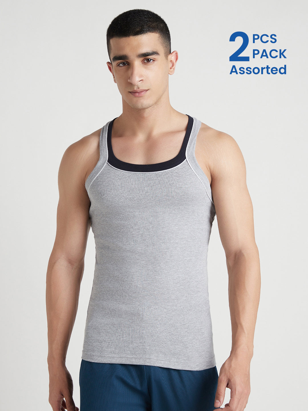 Men's Gym Vest for Men | 100% Cotton Sleeveless Ribbed Gym Vest – Contrast Neck & Armhole Piping | Pack of 2 (Assorted Colours) | Style 888