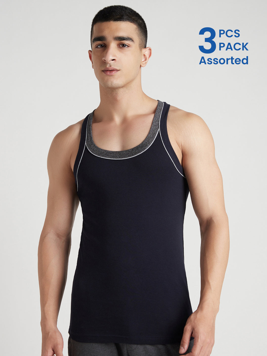Men's Gym Vest for Men | 100% Cotton Sleeveless Ribbed Gym Vest – Contrast Neck & Armhole Piping | Pack of 3 (Assorted Colours) | Style 888