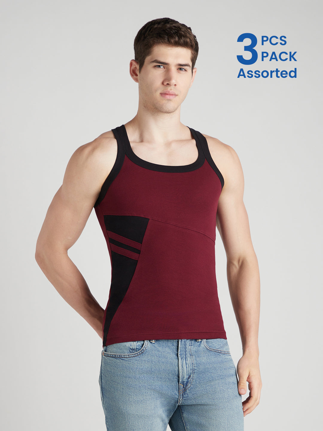Men's Gym Vest for Men | 100% Cotton Sleeveless Ribbed Gym Vest – Colour-Block Contrast Panel | Pack of 3 (Assorted Colours) | Style 707