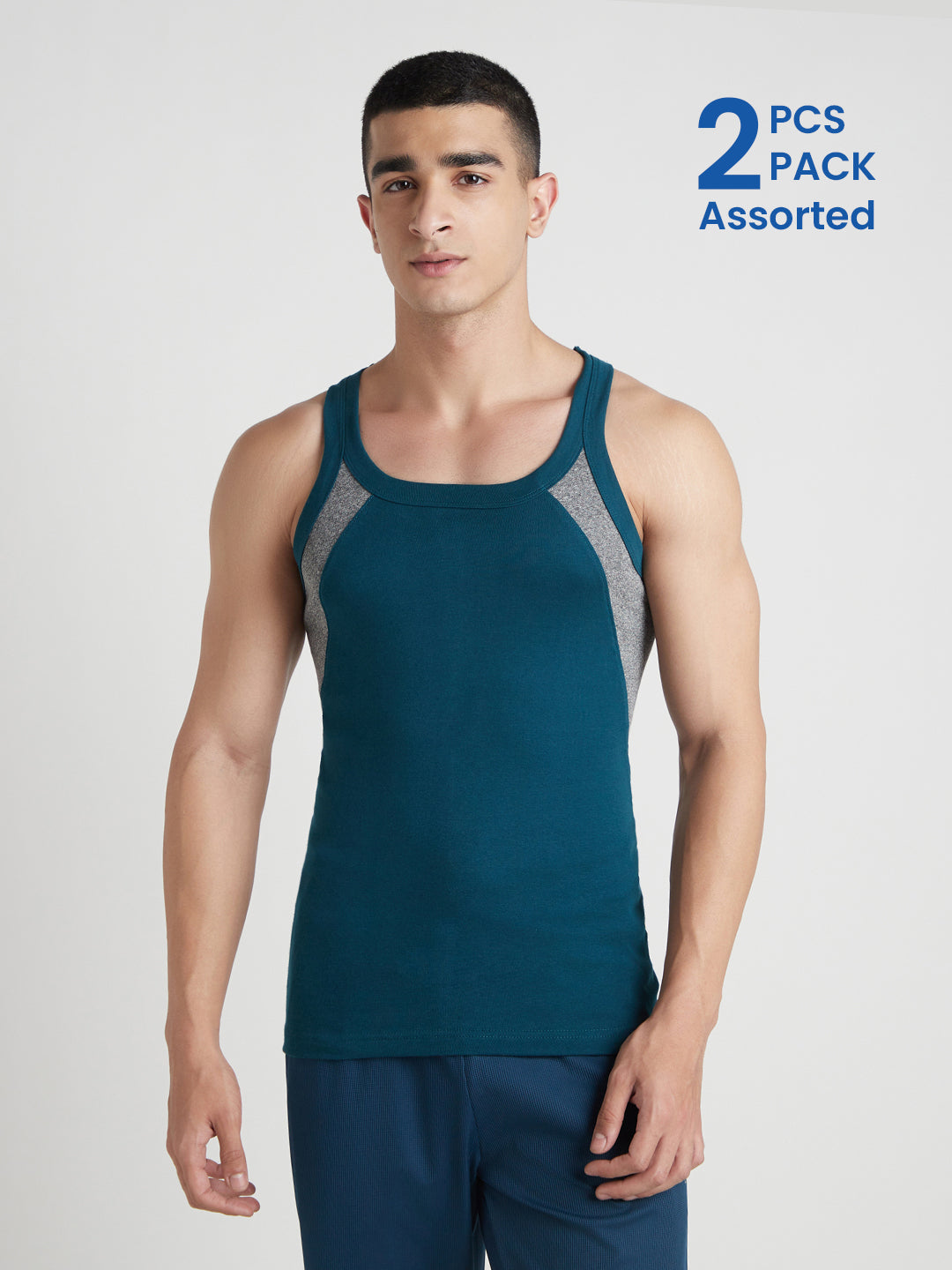 Men's Gym Vest for Men | 100% Cotton Sleeveless Ribbed Gym Vest – Side Contrast Panel | Pack of 2 (Assorted Colours) | Style 744