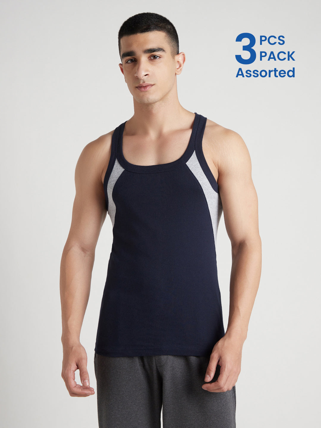 Men's Gym Vest for Men | 100% Cotton Sleeveless Ribbed Gym Vest – Side Contrast Panel | Pack of 3 (Assorted Colours) | Style 744