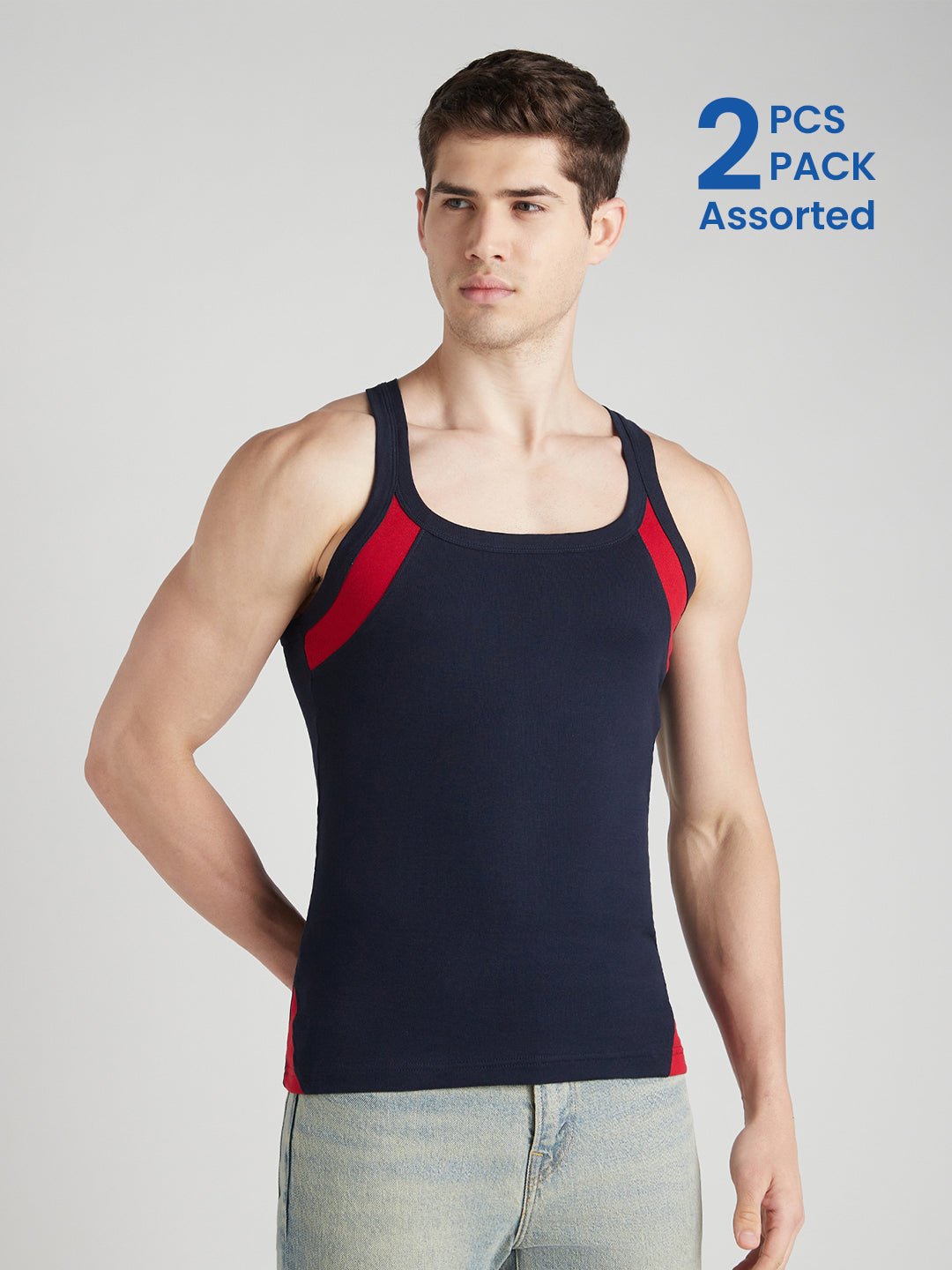 Men's Gym Vest for Men | 100% Cotton Sleeveless Ribbed Gym Vest – Armhole Contrast Panel | Pack of 2 (Assorted Colours) | Style 755