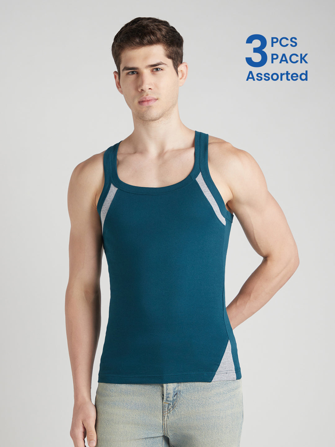 Men's Gym Vest for Men | 100% Cotton Sleeveless Ribbed Gym Vest – Armhole Contrast Panel | Pack of 3 (Assorted Colours) | Style 755