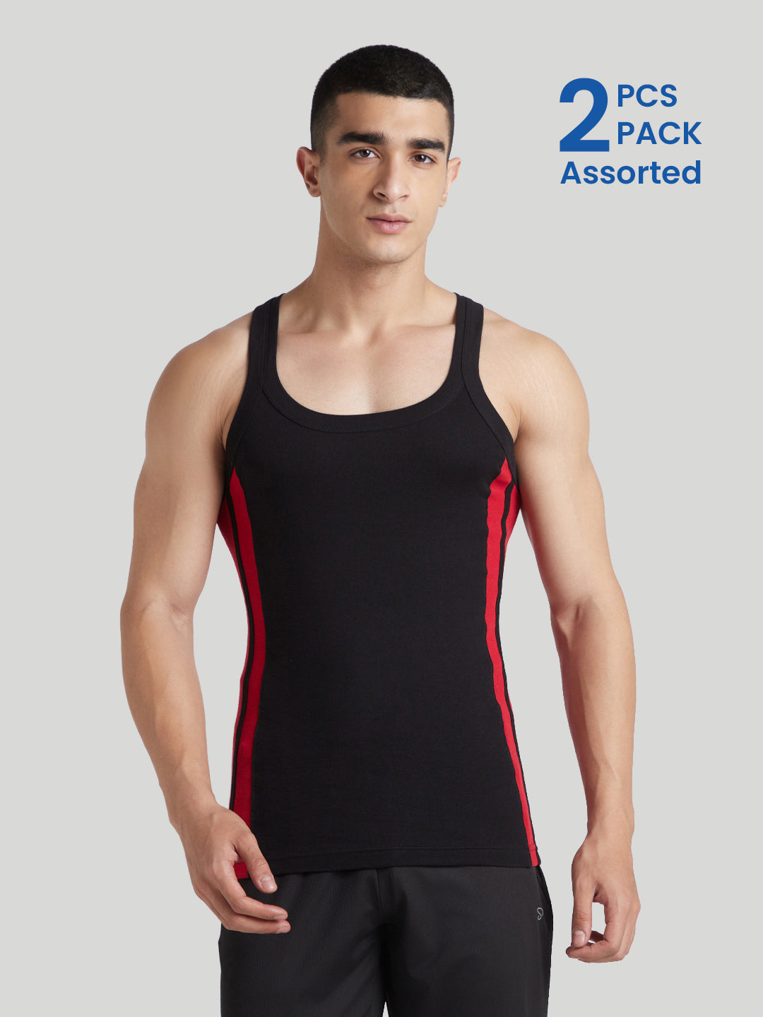 Men's Gym Vest for Men | 100% Cotton Sleeveless Ribbed Gym Vest – Side Stripe Contrast Panel | Pack of 2 (Assorted Colours) | Style 766