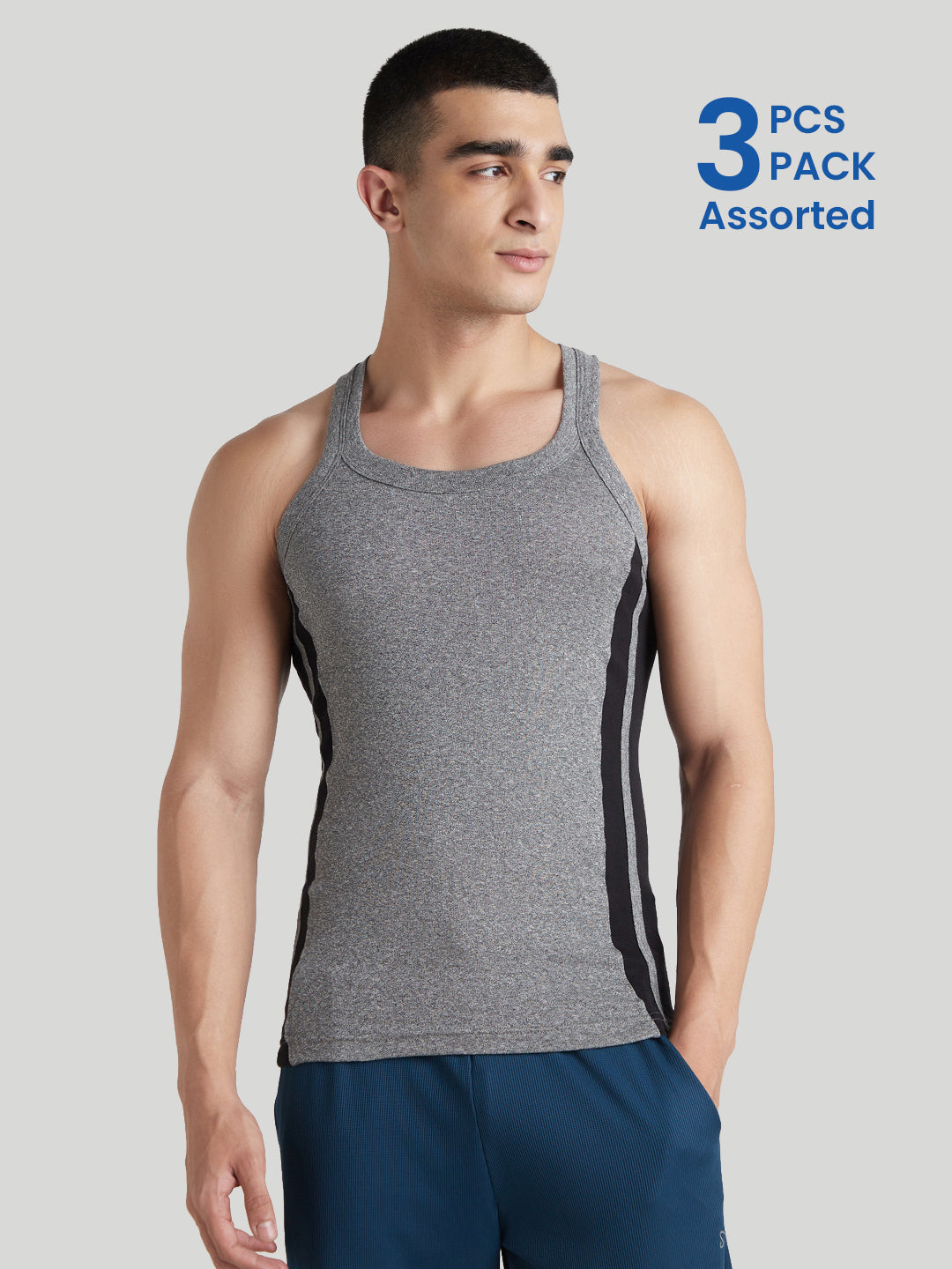 Men's Gym Vest for Men | 100% Cotton Sleeveless Ribbed Gym Vest – Side Stripe Contrast Panel | Pack of 3 (Assorted Colours) | Style 766