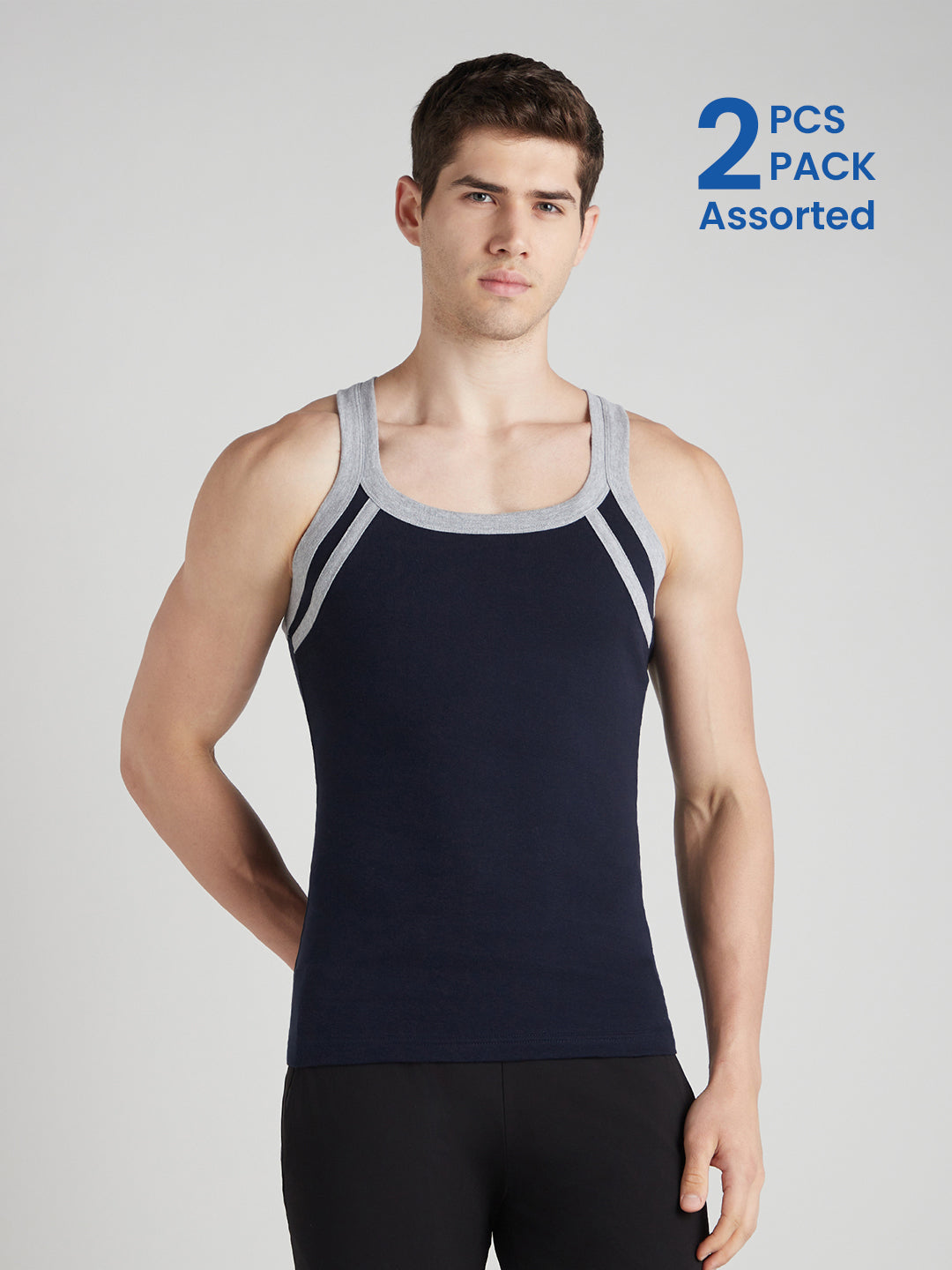 Men's Gym Vest for Men | 100% Cotton Sleeveless Ribbed Gym Vest – Side Contrast Panel with Piping | Pack of 2 (Assorted Colours) | Style 813