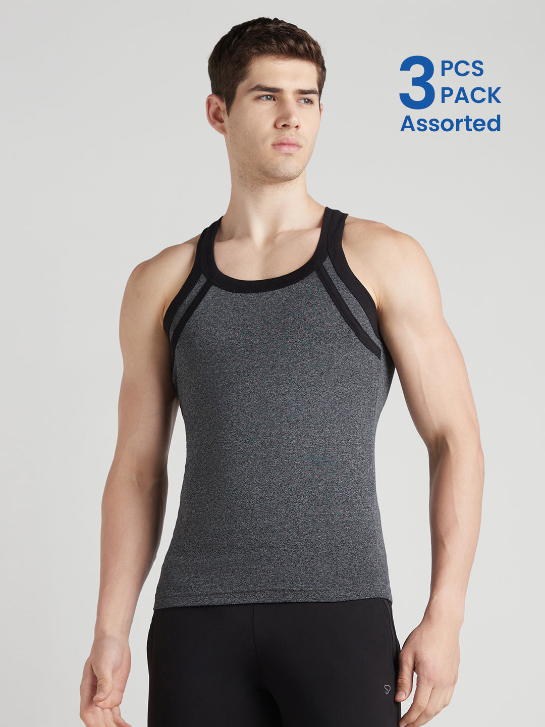 Men's Gym Vest for Men | 100% Cotton Sleeveless Ribbed Gym Vest – Side Contrast Panel with Piping | Pack of 3 (Assorted Colours) | Style 813