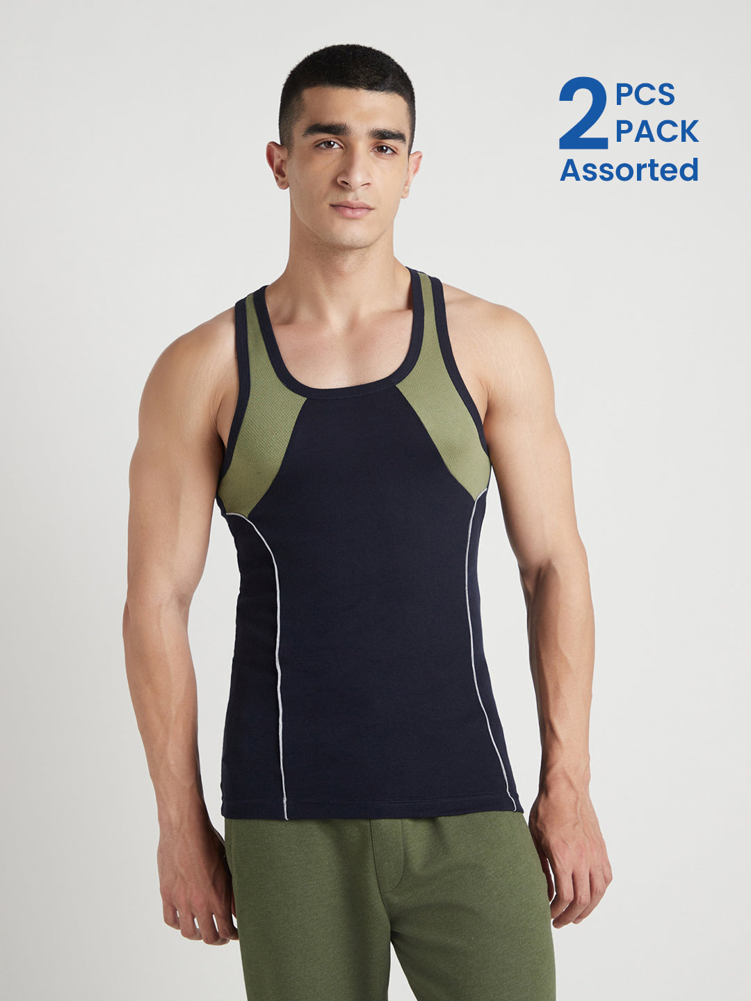 Men's Gym Vest for Men | Sweat-Absorbing Cotton Sleeveless Vest with Contrast Mesh Shoulder Panel | Pack of 2 (Assorted Colours) | Style 815
