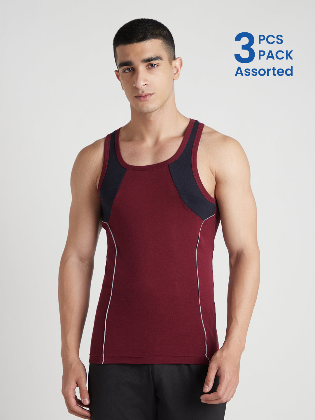 Men's Gym Vest for Men | Sweat-Absorbing Cotton Sleeveless Vest with Contrast Mesh Shoulder Panel | Pack of 3 (Assorted Colours) | Style 815