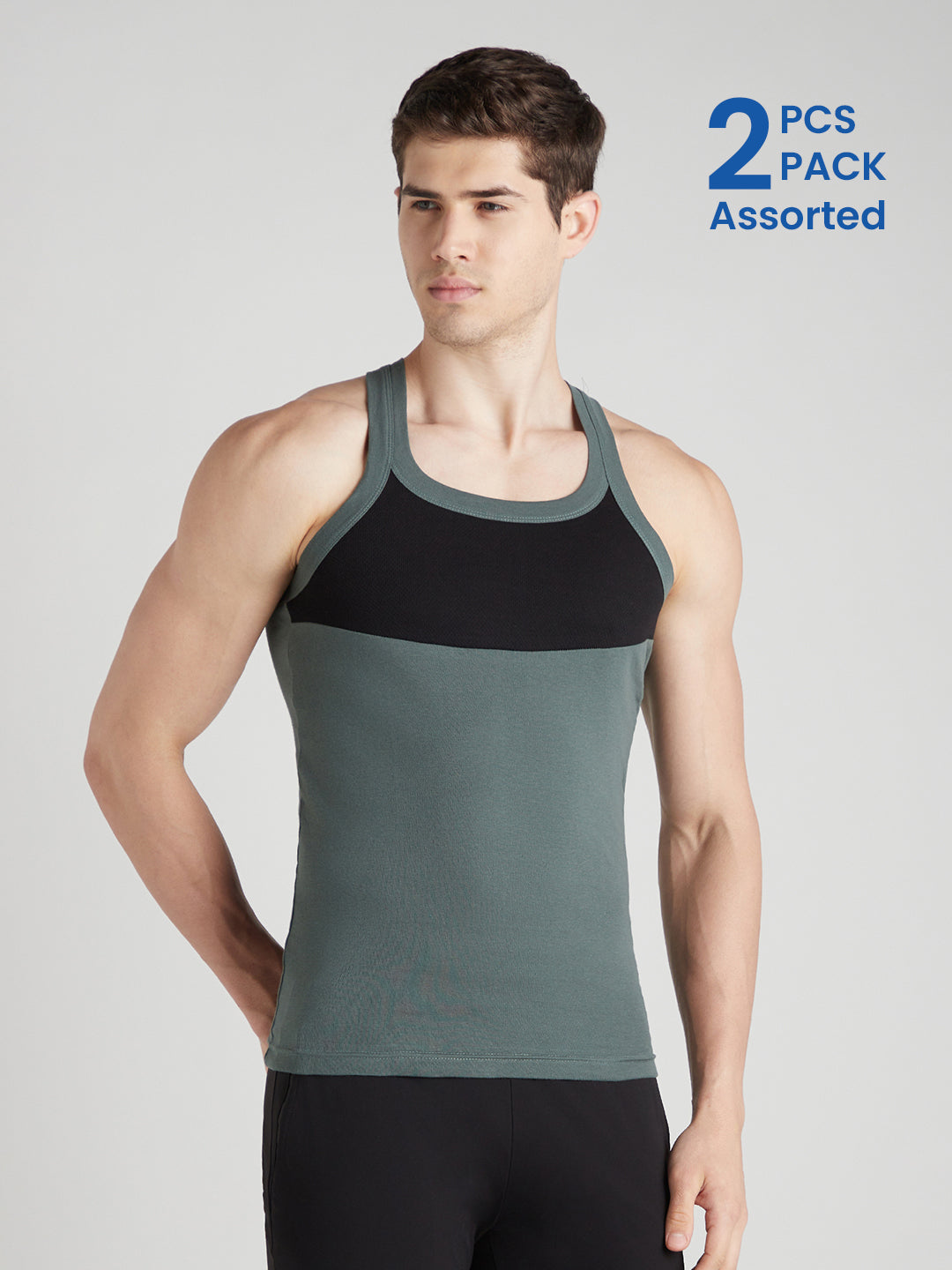 Men's Gym Vest for Men | Sweat-Absorbing Cotton Sleeveless Vest with Contrast Mesh Chest Panel | Pack of 2 (Assorted Colours) | Style 816