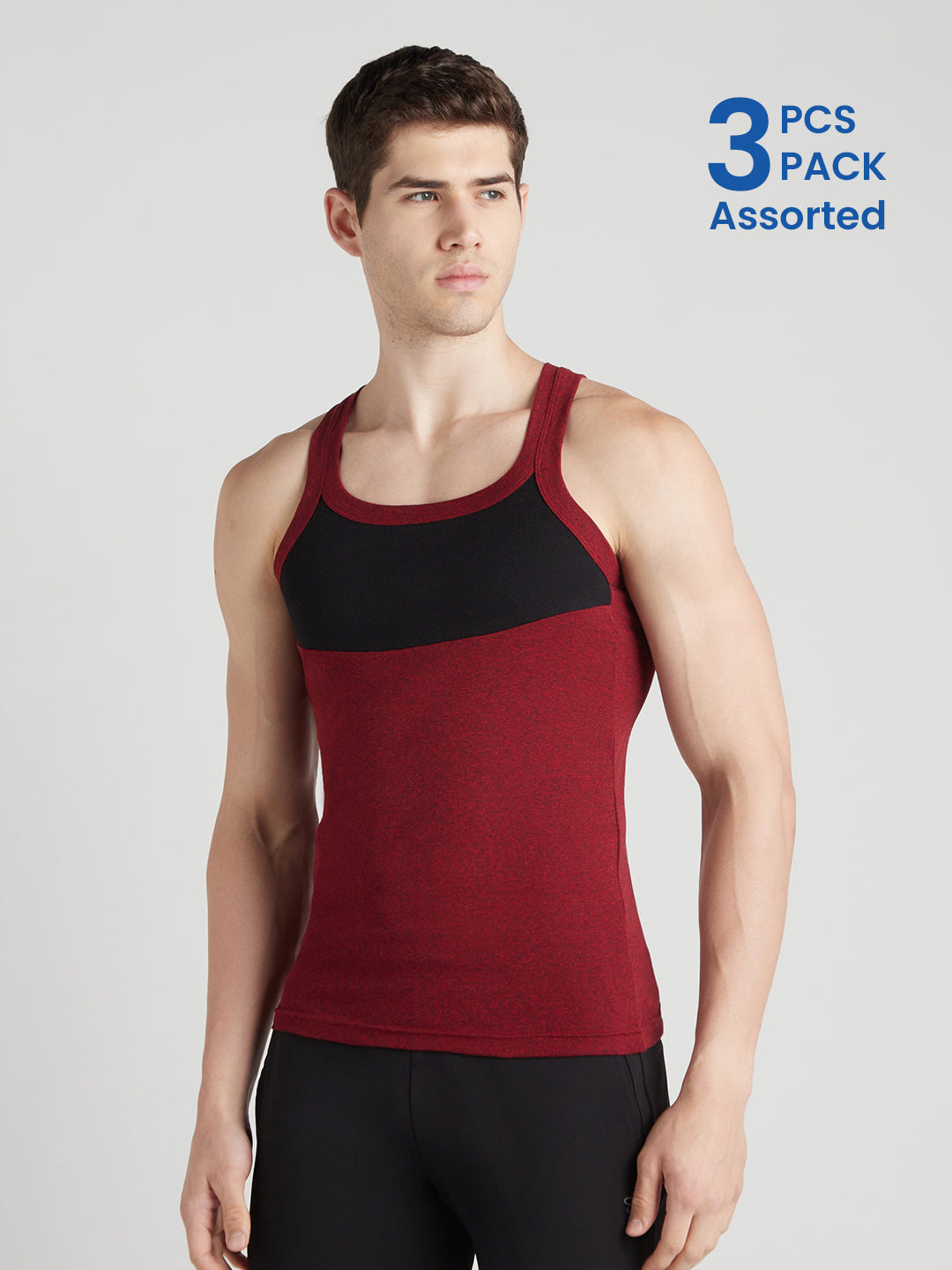 Men's Gym Vest for Men | Sweat-Absorbing Cotton Sleeveless Vest with Contrast Mesh Chest Panel | Pack of 3 (Assorted Colours) | Style 816