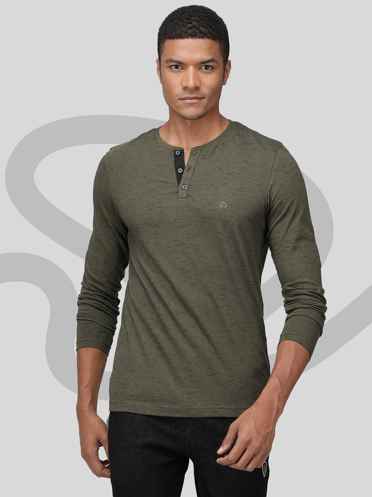 Sporto Men's Henley Neck Full Sleeve T-Shirt - Olive Inject