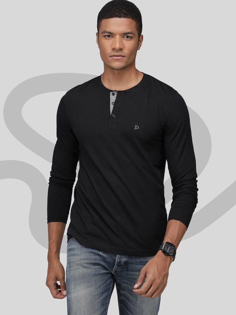 Sporto Men's Henley Neck Full Sleeve T-Shirt - Black