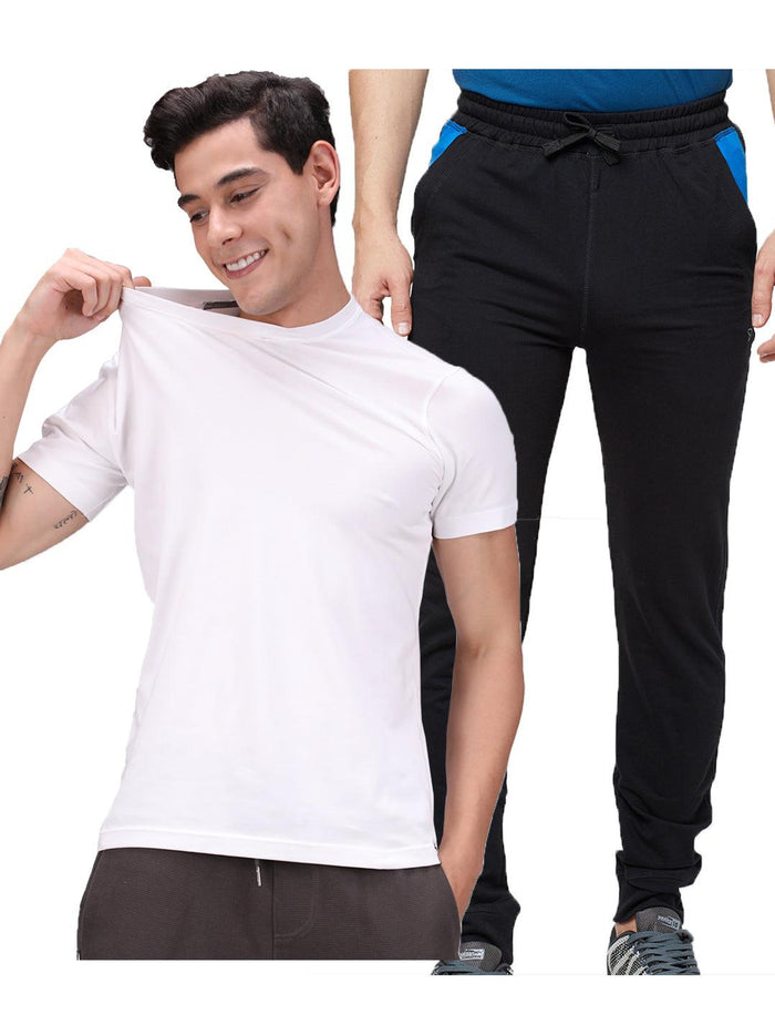 Men's Cotton Rich Solid T-Shirt/ Track Pant Sets-2PC