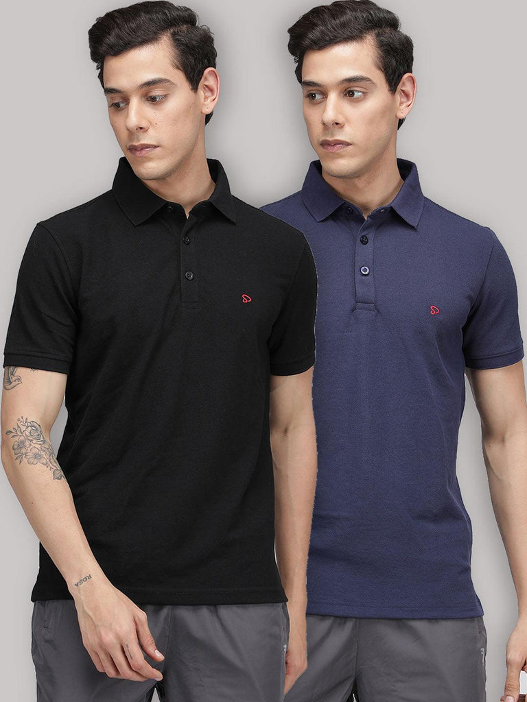 Sporto Men's Polo Cotton Solid T-shirt Pack of 2 - Black & Peacoat