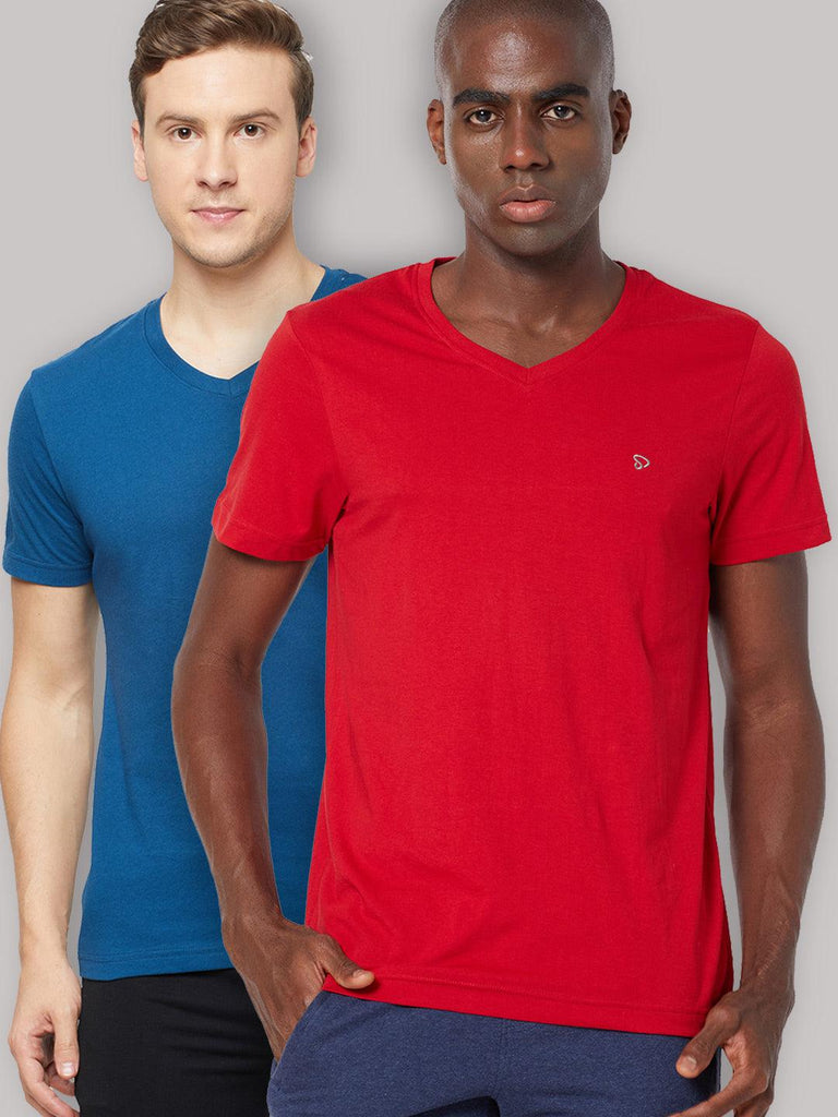Sporto Men's V Neck T-Shirt - Pack of 2 [Denim Navy & Pure Red]