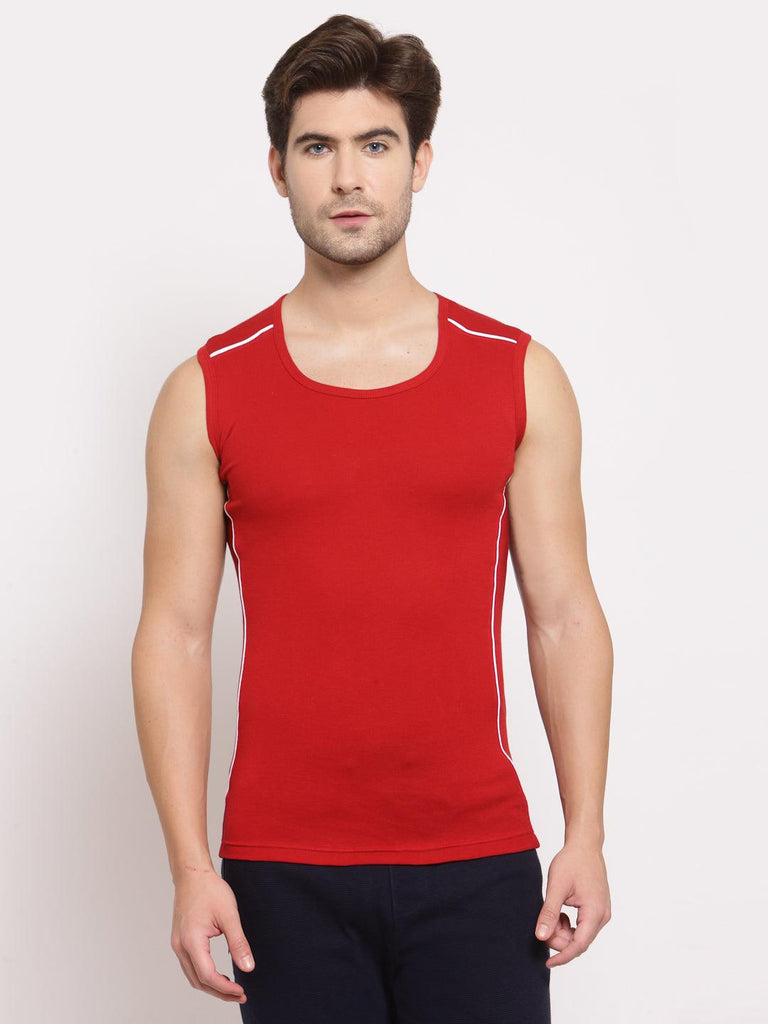 Sporto Men's 100% Cotton Gym Vest With Neon Piping (Pack Of 2)- Red & Charcoal