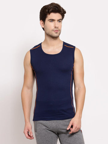 Sporto Men's 100% Cotton Gym Vest With Neon Piping (Pack Of 2) - Navy & Red