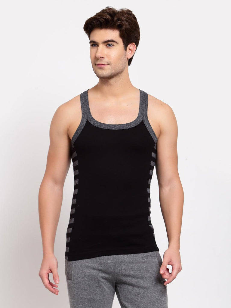 Men's Gym Vests with Designed Side Contrast Panel - Pack of 2 (Black & Olive) - Sporto by Macho